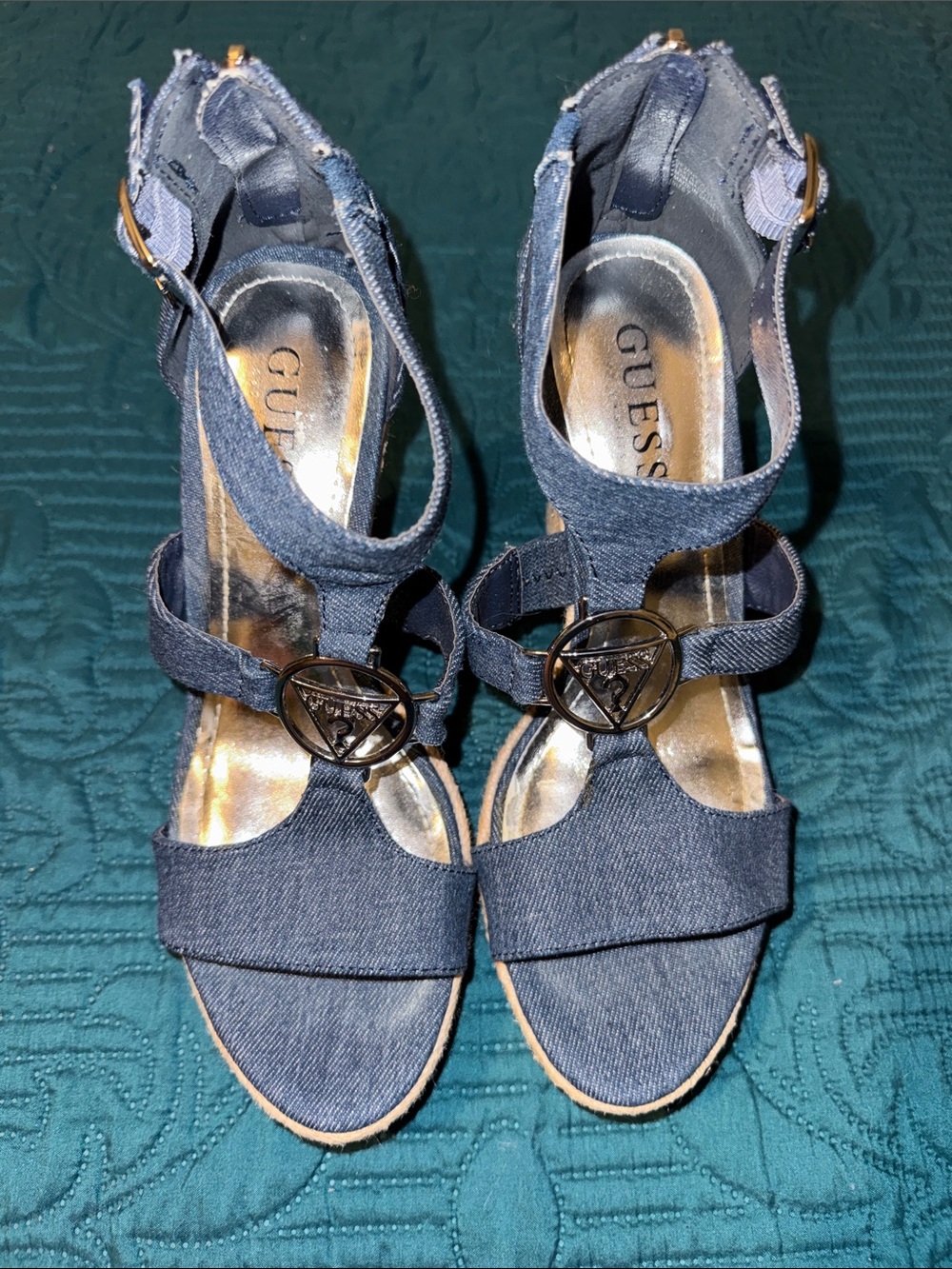 GUESS Navy Denim Espadrille Wedge Sandals with Logo Accent